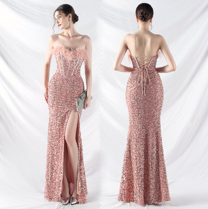 Column Sequins Fur Strapless Sleeveless Sweep Train Dress