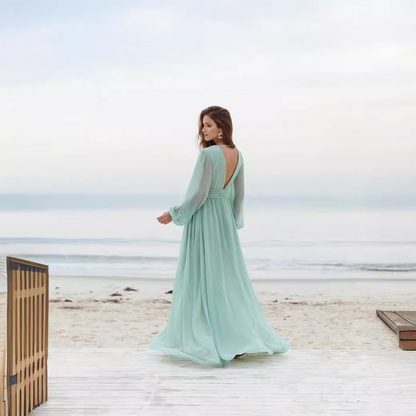 Chiffon Ruffles V-neck Long Sleeves Sweep Train Mother of the Bride Dress
