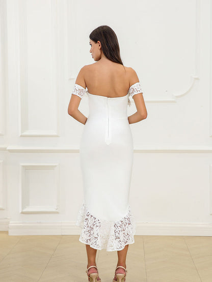 White Off-the-shoulder Sleeveless Lace Embroidered Bridesmaid Dress