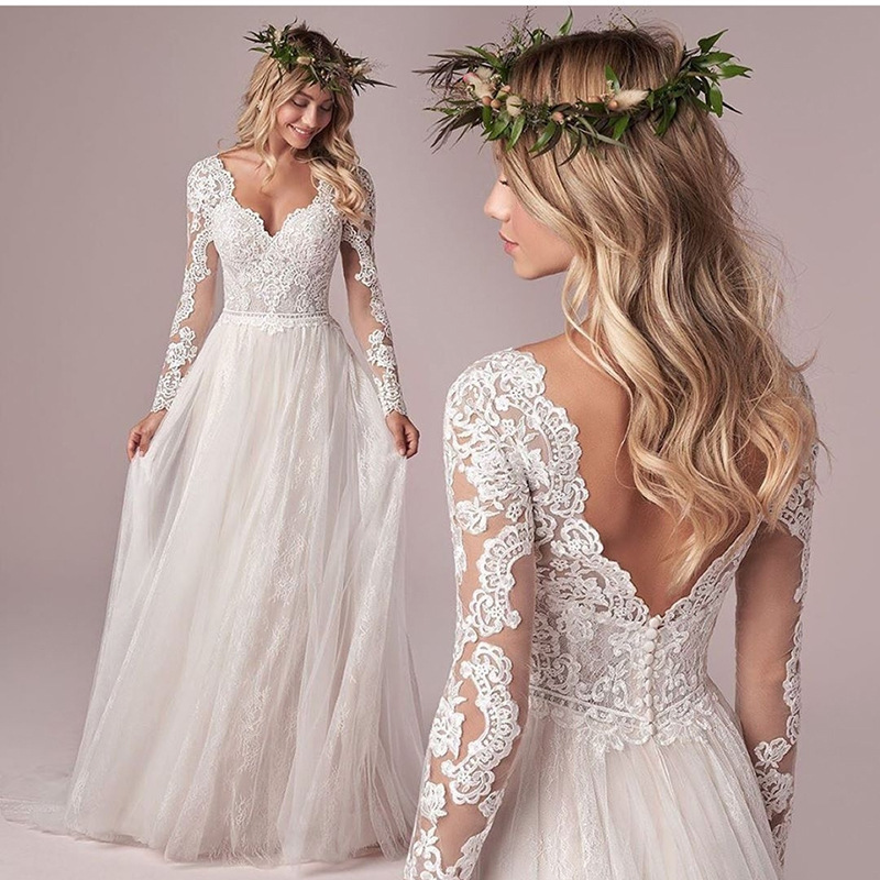 V-Neck Long Sleeves Simple Wedding Dress With Train