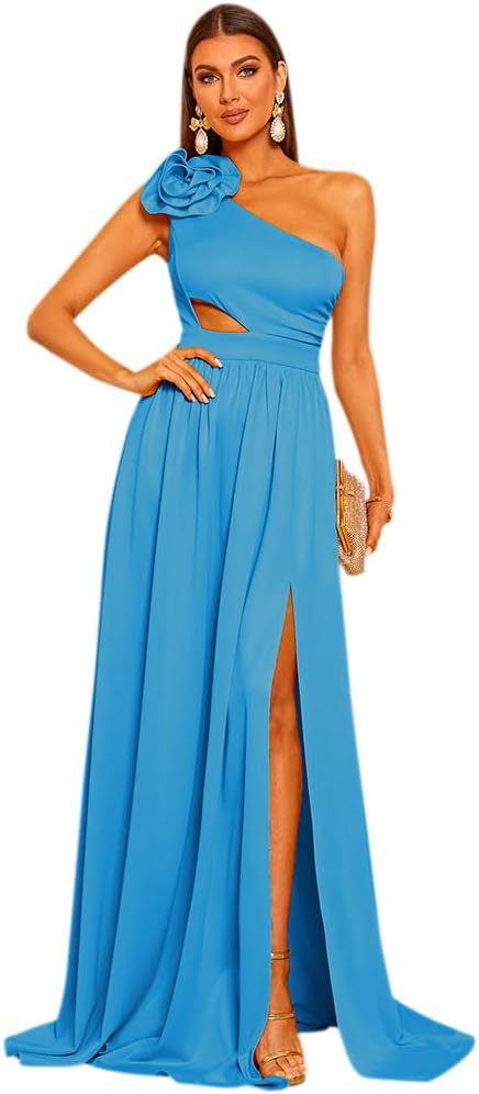 One Shoulder Floral Cutout Prom Dress