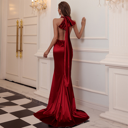 Column V-neck Backless Sweep Train Dress
