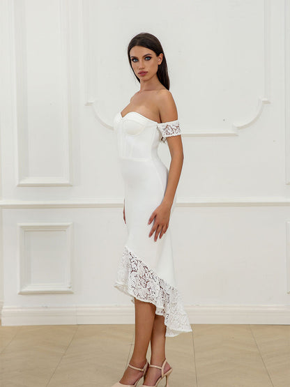 White Off-the-shoulder Sleeveless Lace Embroidered Bridesmaid Dress