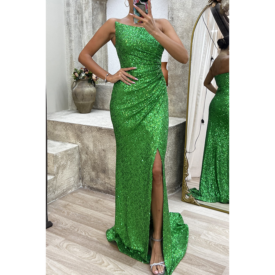 Column Sequin Strapless Sleeveless Sweep Train Dress