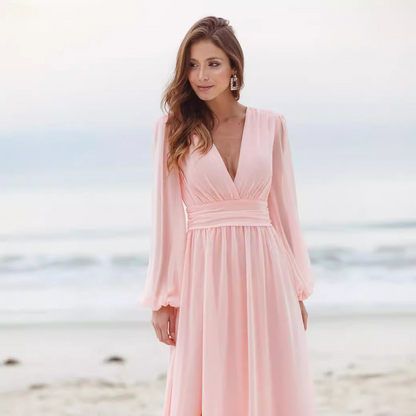 Chiffon Ruffles V-neck Long Sleeves Sweep Train Mother of the Bride Dress