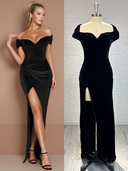 Velvet Ruched Off-the-Shoulder Sleeveless Sweep Train Dress