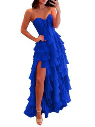 Chiffon Strapless Ruffle Tiered Ball Gown Prom Dress