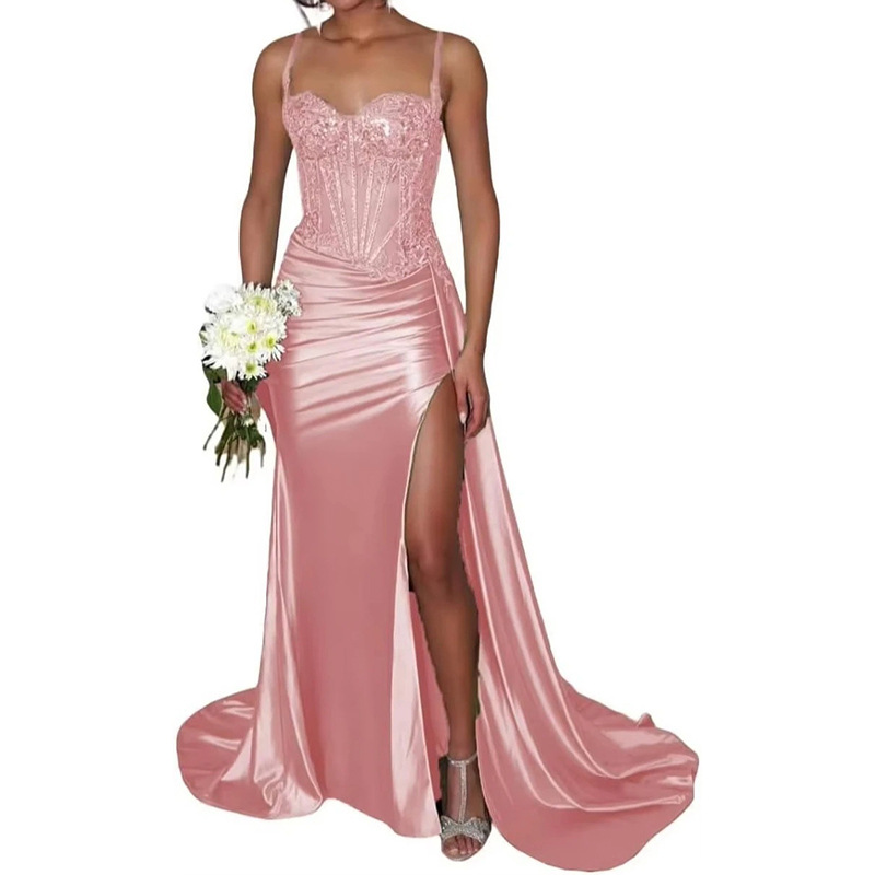 Column Ruched Spaghetti Straps Slit Brush Train Dress