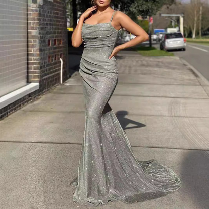 Column Ruched Spaghetti Straps Sleeveless Sweep Train Dress