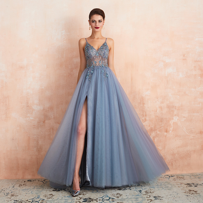 A-Line Tulle Sequin Straps Sleeveless Sweep Train Dress