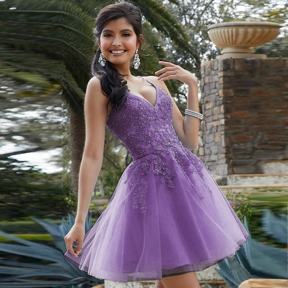 Applique V-neck Sleeveless Mini Dress