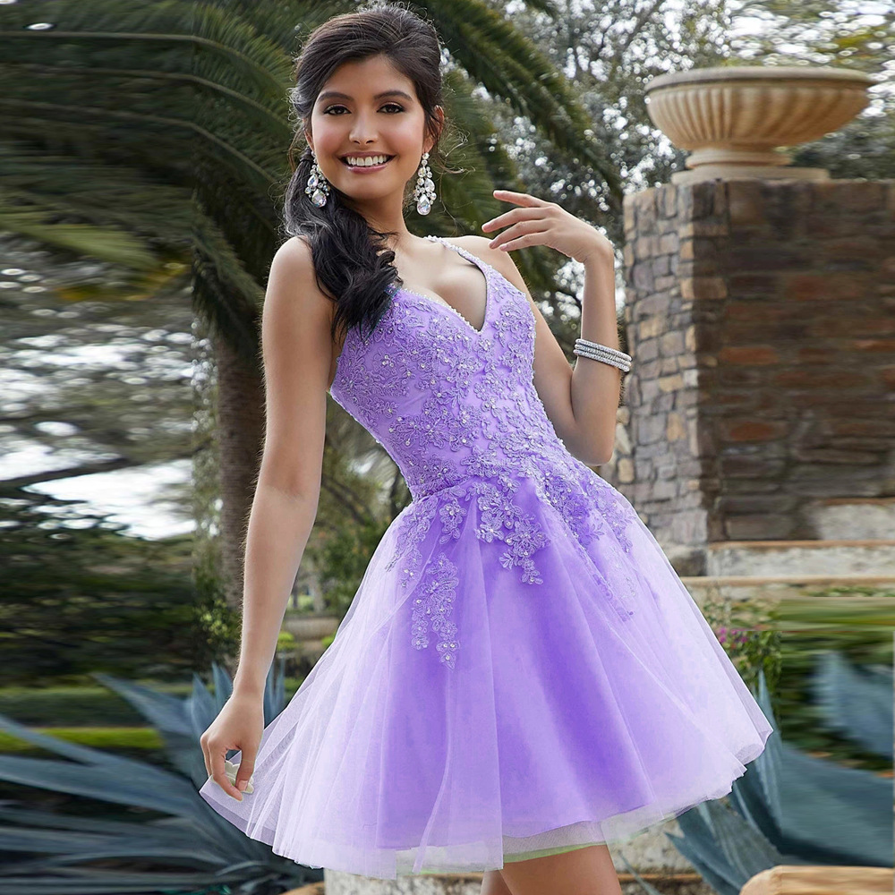 Applique V-neck Sleeveless Mini Dress