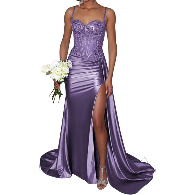 Column Ruched Spaghetti Straps Slit Brush Train Dress