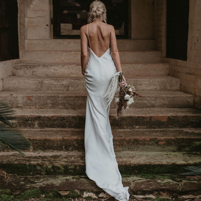 Simple V-Neck Spaghetti Straps Backless Wedding Dress