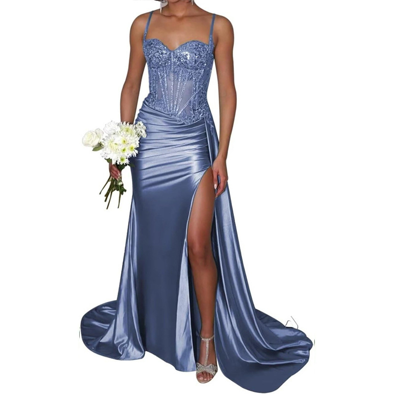Column Ruched Spaghetti Straps Slit Brush Train Dress