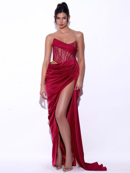 Satin Off-the-shoulder Tube Top Prom Dress With Appliques