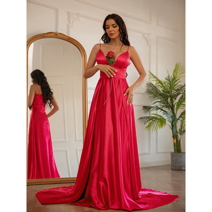 A-Line Satin Ruched V-neck Sleeveless Sweep Train Dress