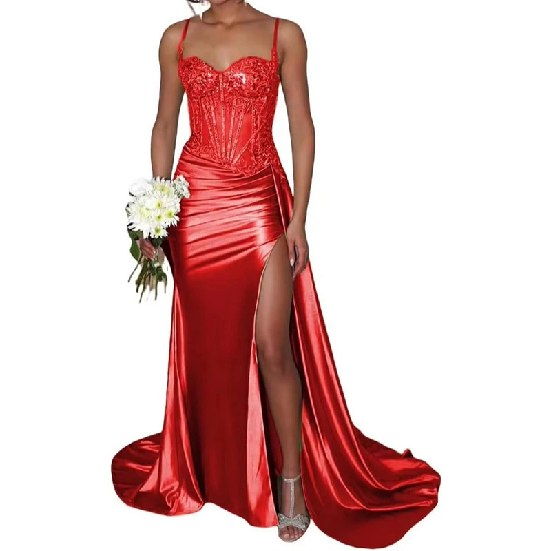 Column Ruched Spaghetti Straps Slit Brush Train Dress