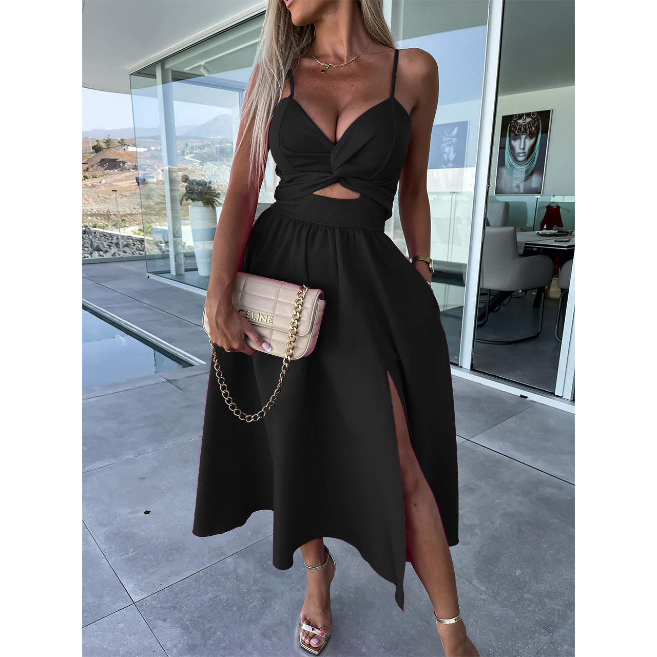 A-line Halter Chiffon Floor-length Split Front Bridesmaid Dress