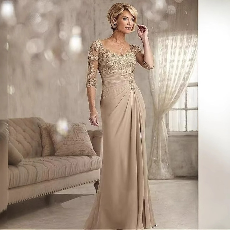 A-Line Scoop Neck Beaded Long Sleeves Mother of the Bride Dress