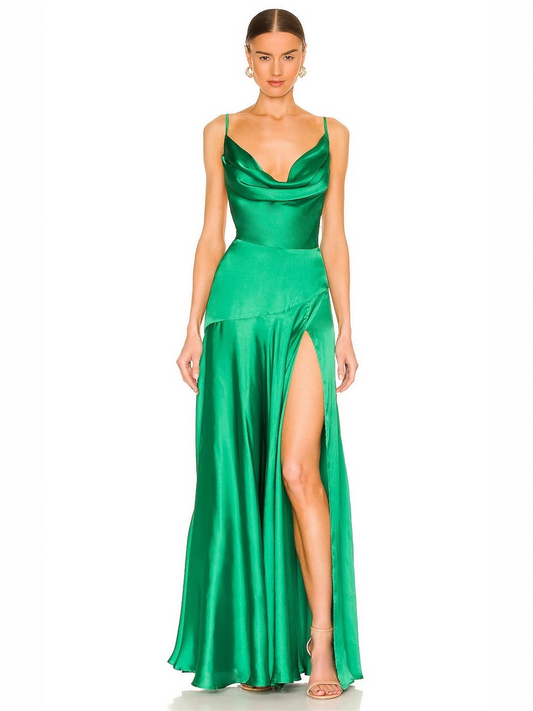 A-Line Satin Spaghetti Straps Sleeveless Sweep Train Dress