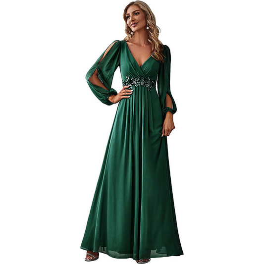 A-Line V-neck Beading Long Sleeves Chiffon Mother of the Bride Dress
