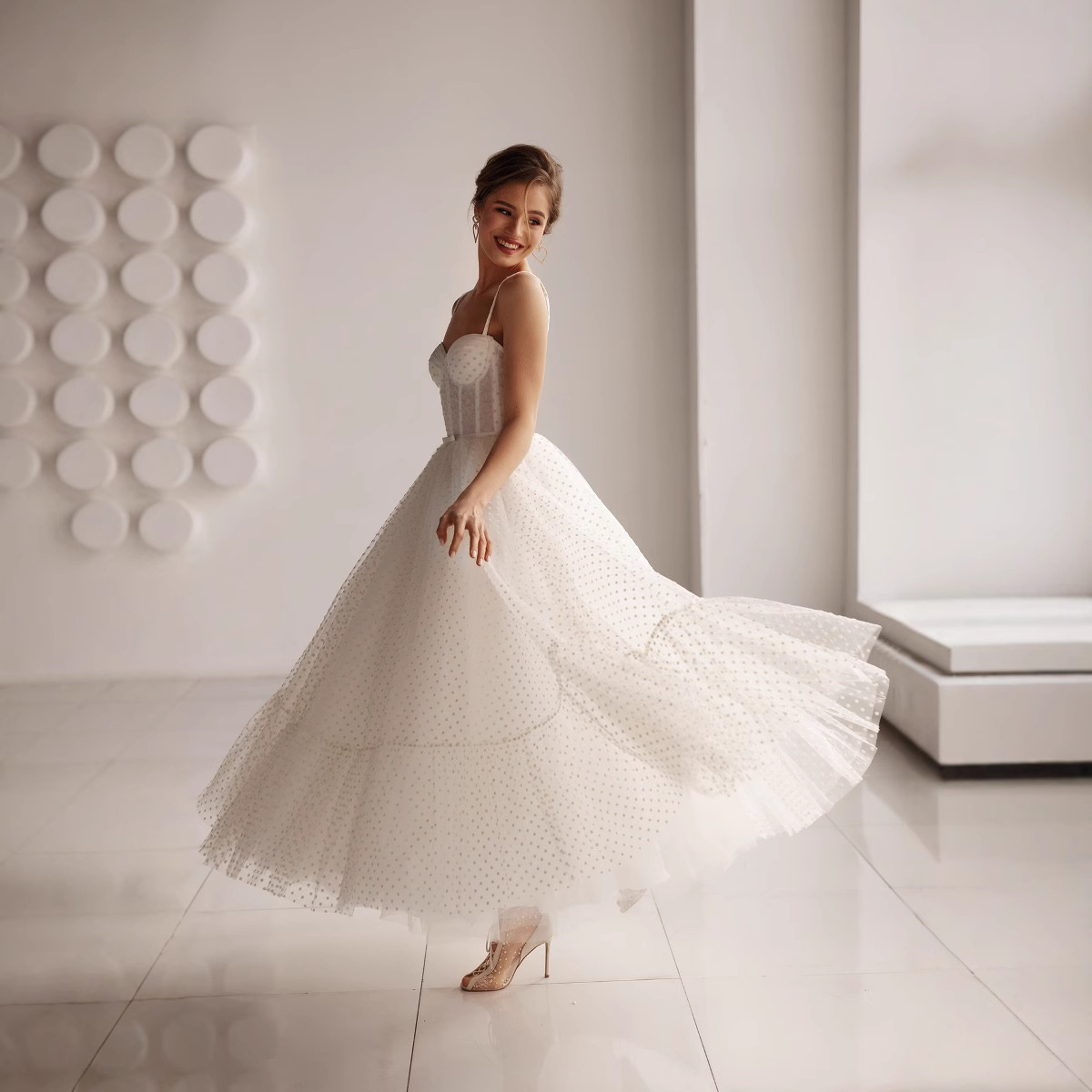 Sweetheart Spaghetti Straps Tea Length Wedding Dress