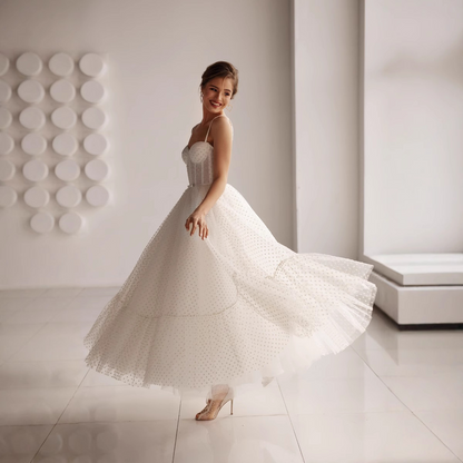 Sweetheart Spaghetti Straps Tea Length Wedding Dress