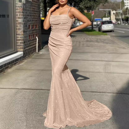 Column Ruched Spaghetti Straps Sleeveless Sweep Train Dress