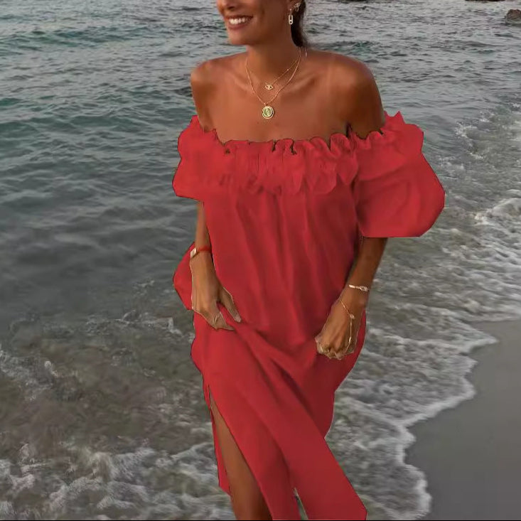 Linen Blend Off Shoulder Ruffle Puff Sleeve Midi Dress