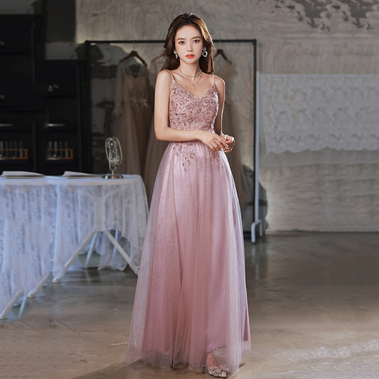 Princess Applique V-neck Sleeveless Sweep Train Dress