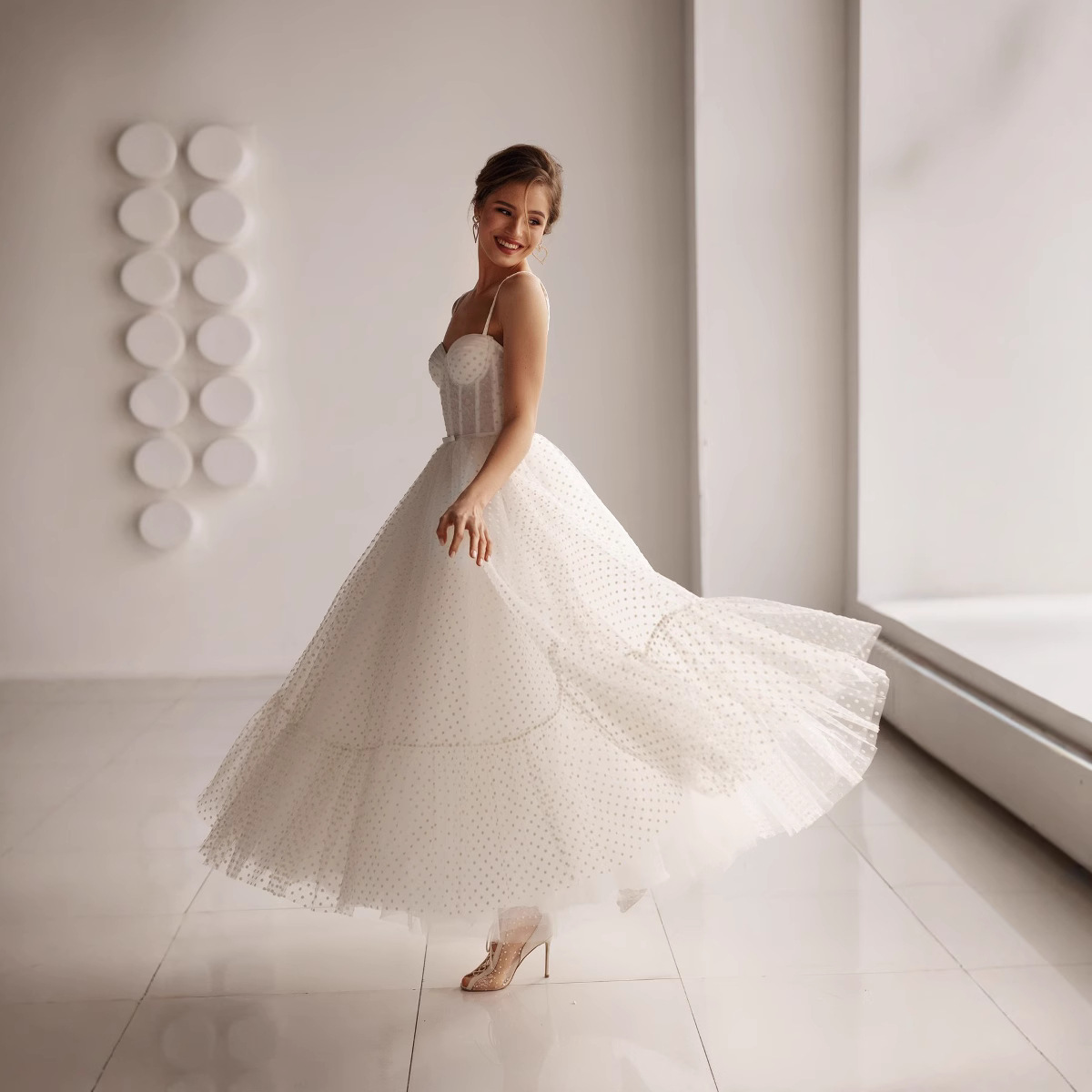 Sweetheart Spaghetti Straps Tea Length Wedding Dress
