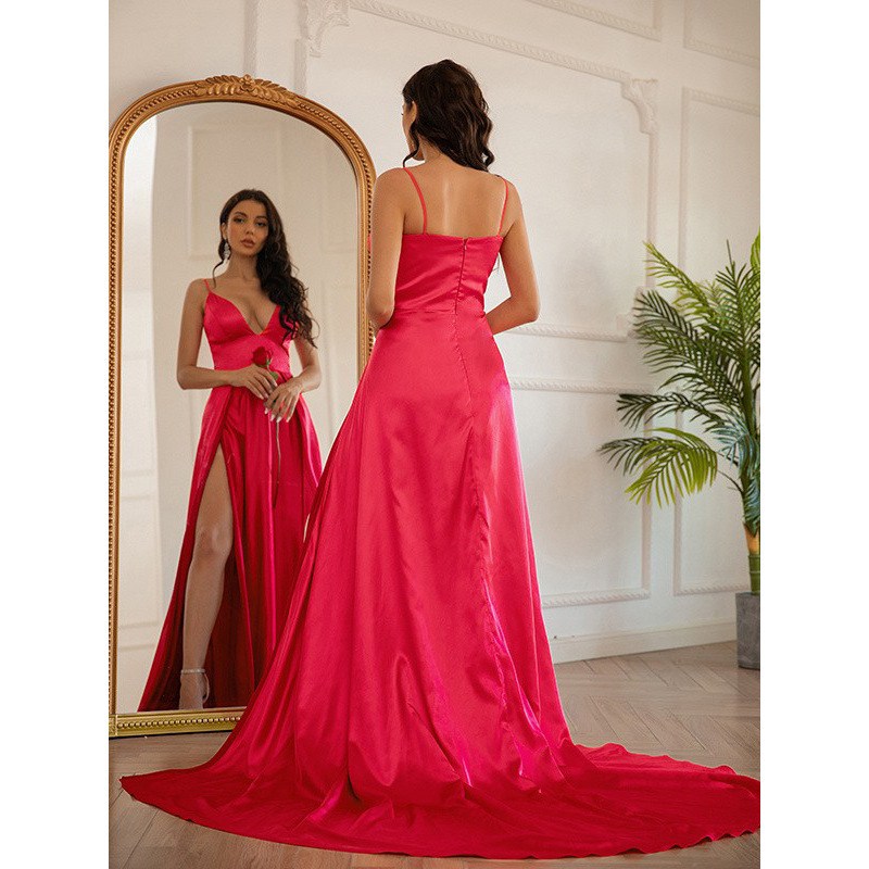 A-Line Satin Ruched V-neck Sleeveless Sweep Train Dress
