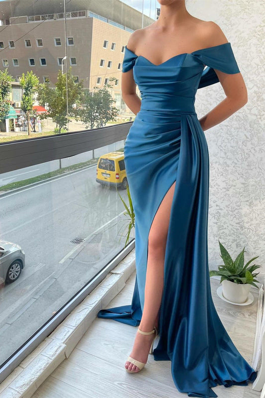 Satin Off-the-shoulder Ruched Prom Dress