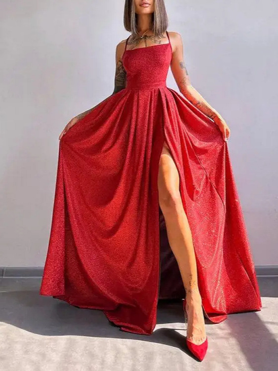 Princess Spaghetti Straps Sleeveless Slit Brush Train Dress