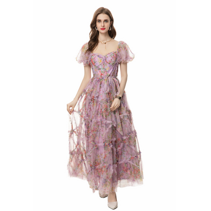 Floral Short Sleeves Long Prom Dress