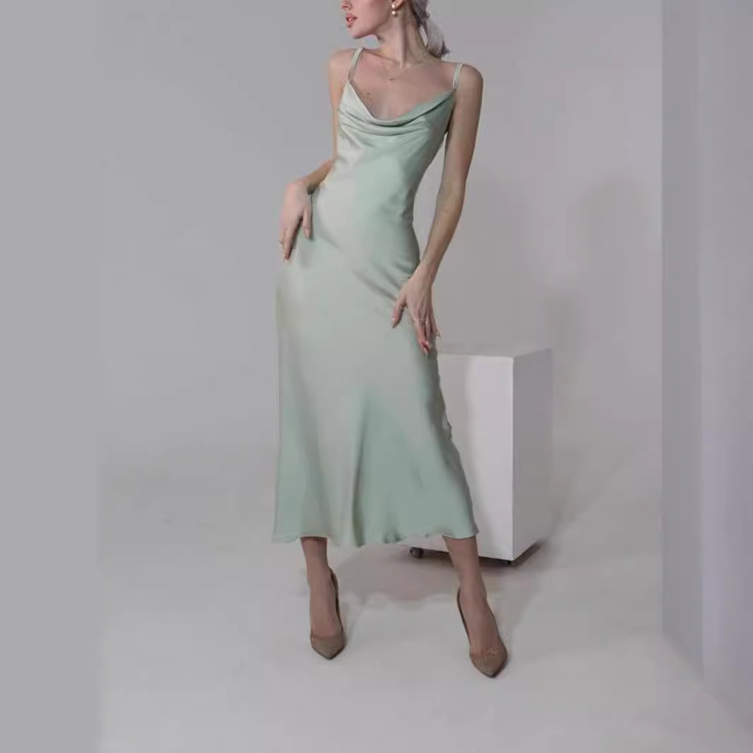 Column Cowl Neck Satin Ankle-length Bridesmaid Dress