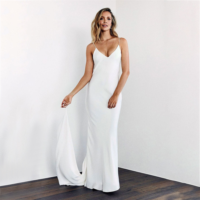 Simple V-Neck Spaghetti Straps Backless Wedding Dress