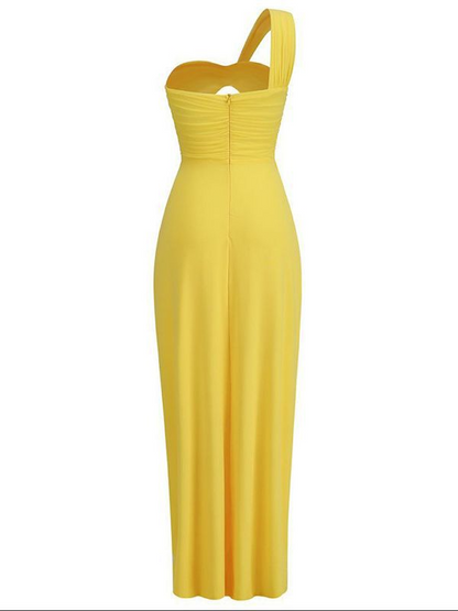 Yellow Oblique Shoulder Cut Out Waist Prom Dress