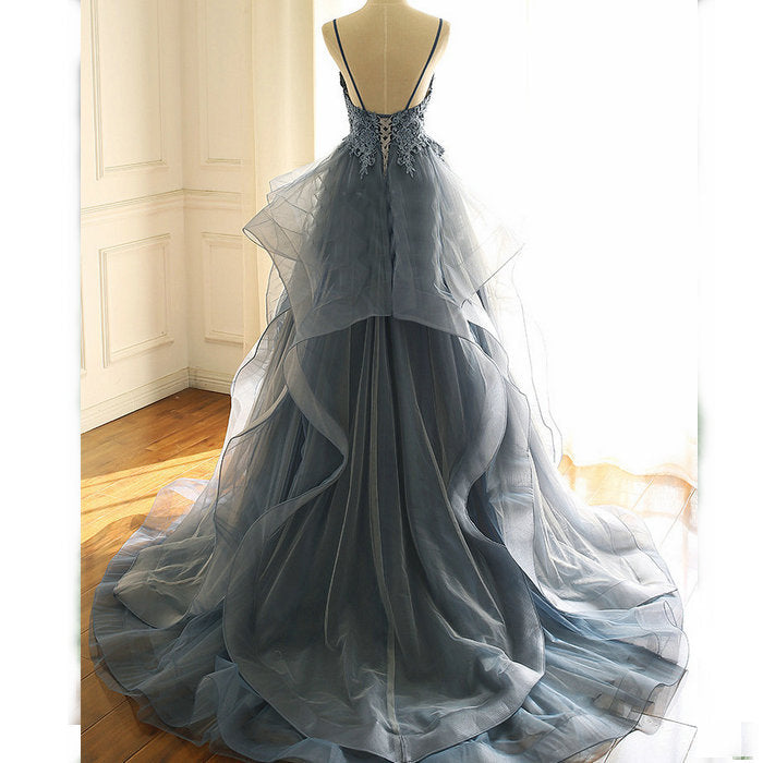 Princess V-neck Tulle Ruffle Prom Dress With Appliques