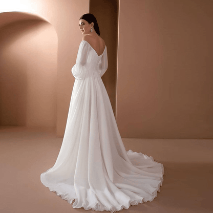 A-Line Bateau Neck Long Sleeves Backless Brush Train Wedding Dress