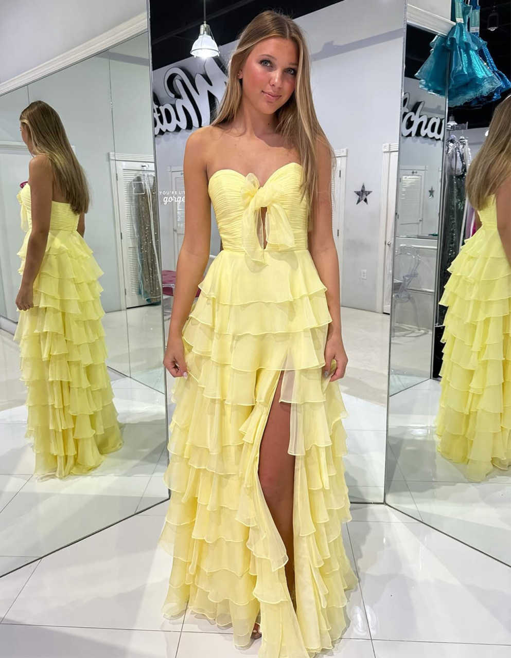 Chiffon Strapless Ruffle Tiered Ball Gown Prom Dress