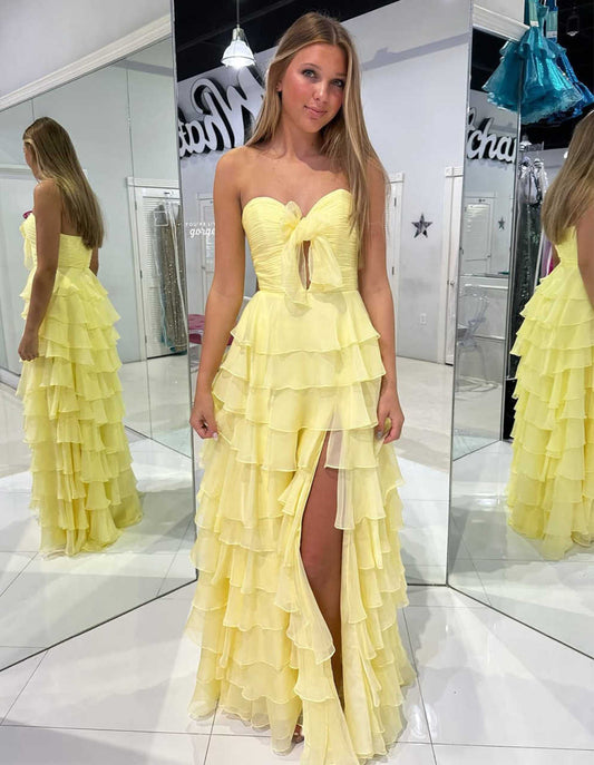 Chiffon Strapless Ruffle Tiered Ball Gown Prom Dress