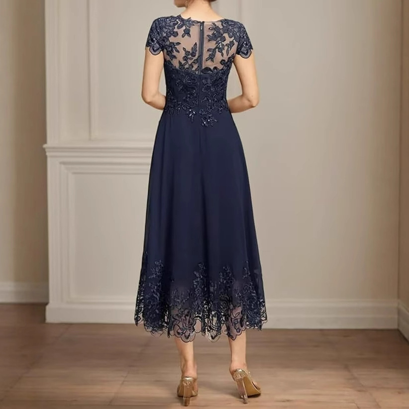 A-Line Applique Bateau Short Sleeves Tea-Length Mother of the Bride Dress