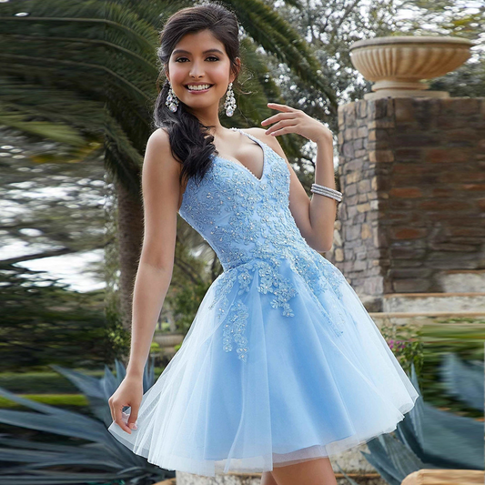 Applique V-neck Sleeveless Mini Dress