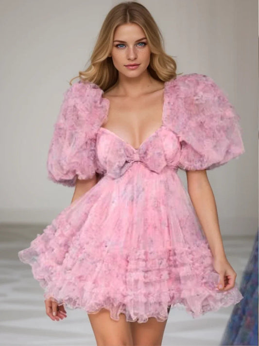 Floral A-Line Sweetheart Puff Sleeves Short Homecoming Dress