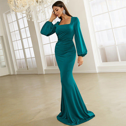 Bishop Sleeve Square Neck Mermaid Prom Dress