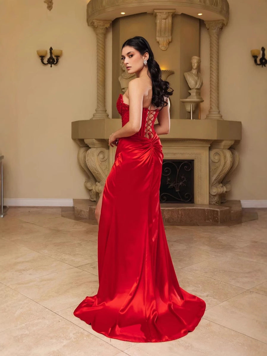 Satin V-neck Corset Mermaid Prom Dress With Beading