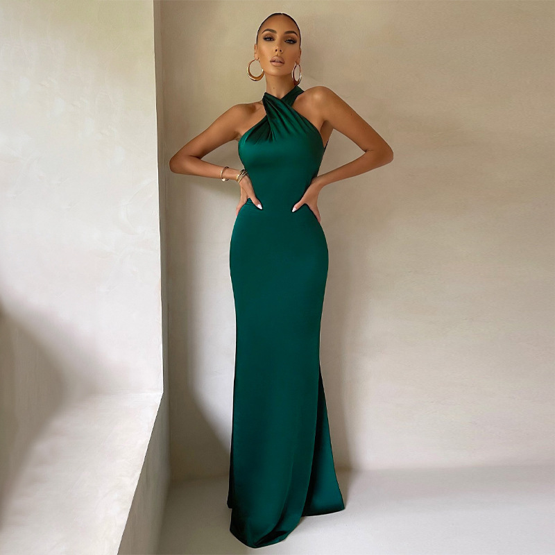 Column Stretch Crepe Ruched Halter Sleeveless Floor-Length Dress