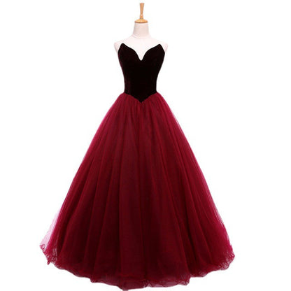V-neck Velvet Tulle Ruffle Ball Gown Prom Dress